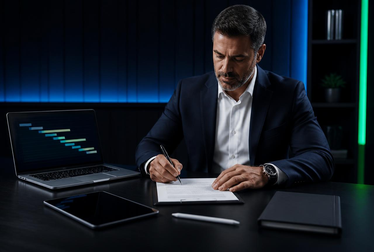 Requirement specification document being signed off at a desk