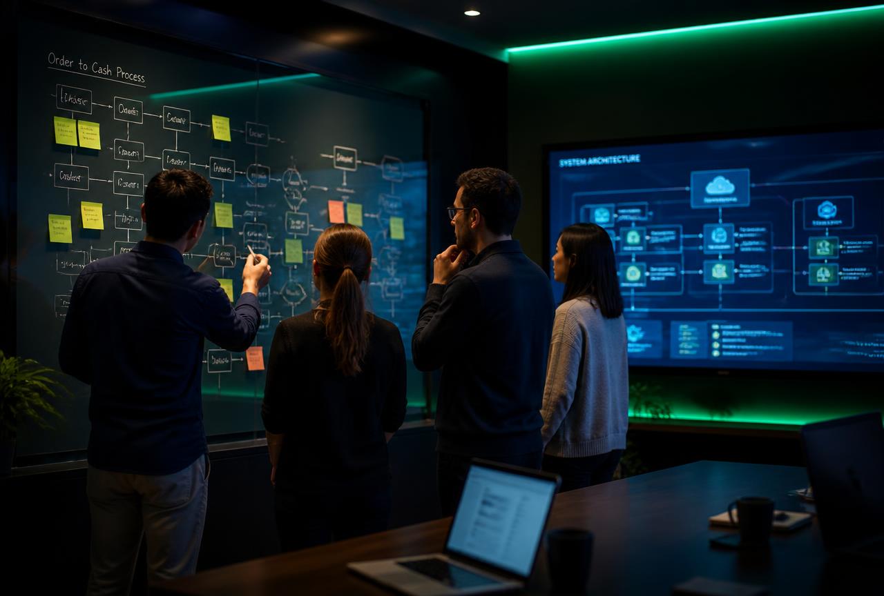 Process workflow being mapped on a glass whiteboard during a workshop